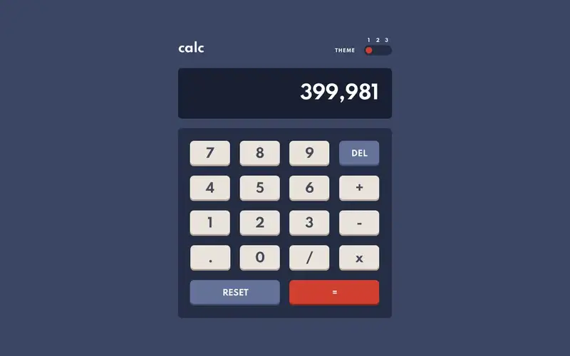 The calculator design featuring a display, a grid of buttons and a theme switch. The buttons are labelled 0 to 9, +, −, ×, /, DEL, RESET and =.